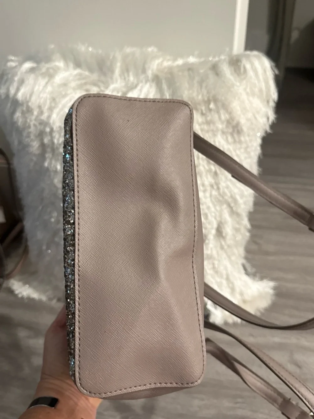 Kate Spade taupe backpack with gold glitter trim